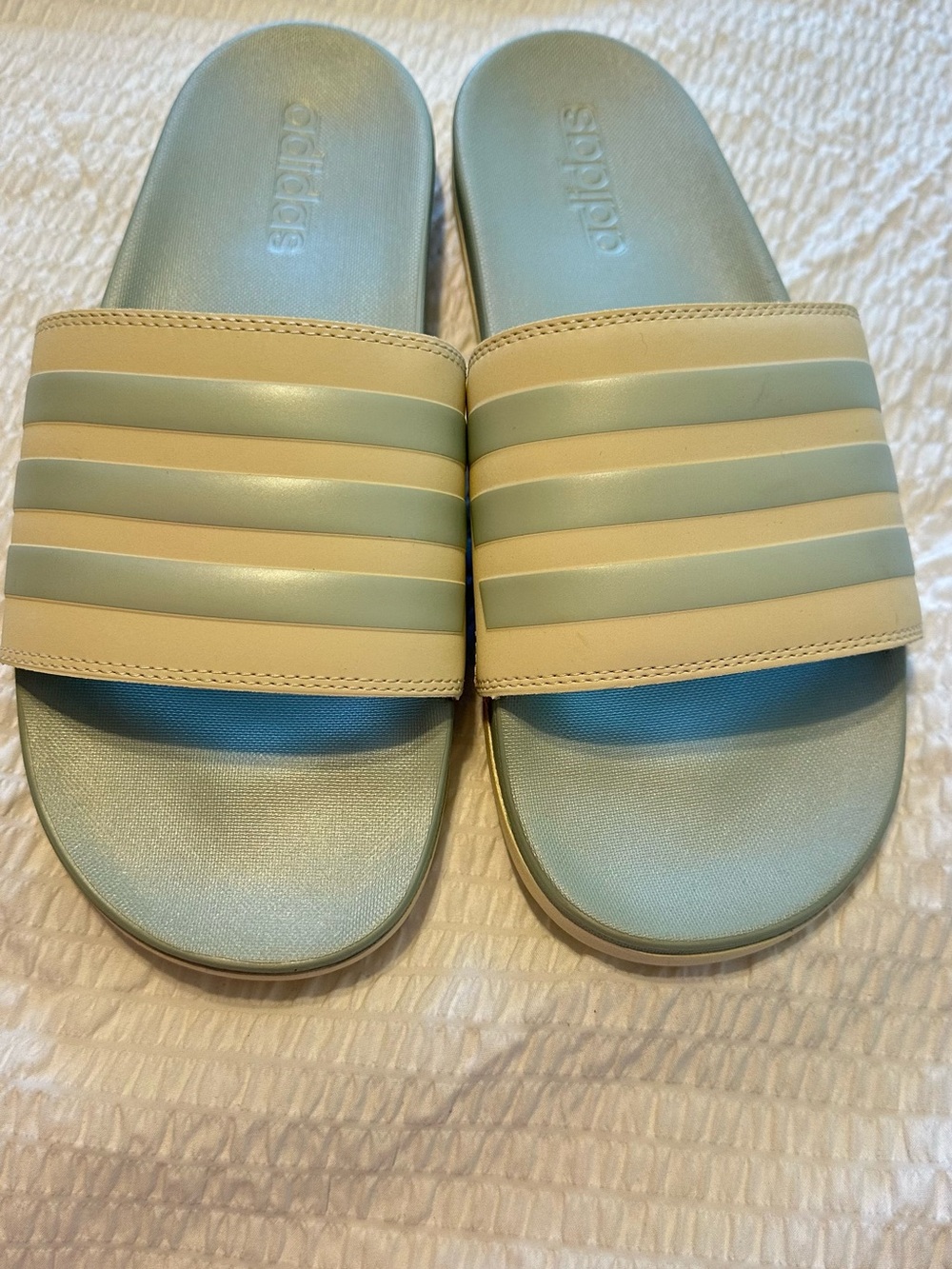adidas Women’s Slide Sandals in Pale Blue and Cream Stripes